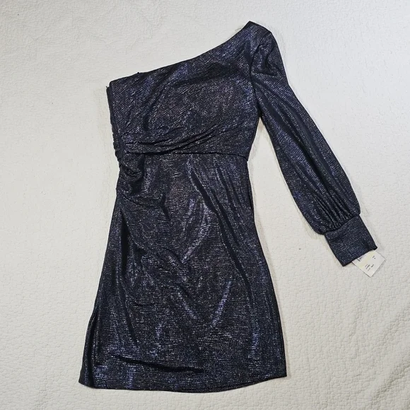 NWT NIGHTWAY Womens Navy Shimmer Long Sleeve Asymmetrical Neckline Dress - Picture 5 of 10